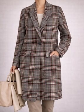 Zara Woman Womens Houndstooth Long‎ Coat Medium Black White Red One Button